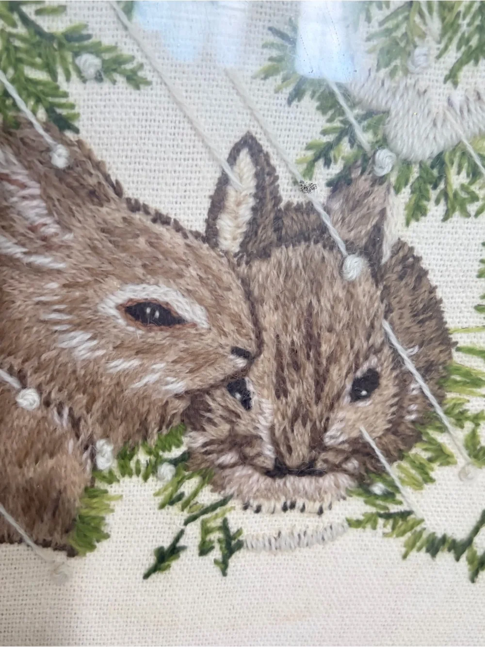 Vintage Framed Bunny Needlepoint Crosstitch Country Cottage Nature 70s 15x12”